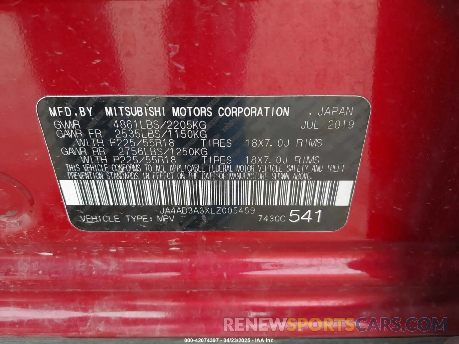 9 Photograph of a damaged car JA4AD3A3XLZ005459 MITSUBISHI OUTLANDER 2020