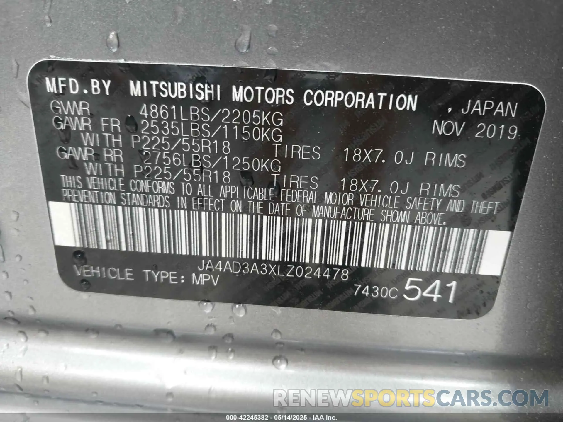 9 Photograph of a damaged car JA4AD3A3XLZ024478 MITSUBISHI OUTLANDER 2020
