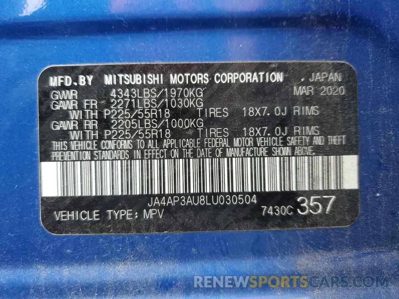 13 Photograph of a damaged car JA4AP3AU8LU030504 MITSUBISHI OUTLANDER 2020