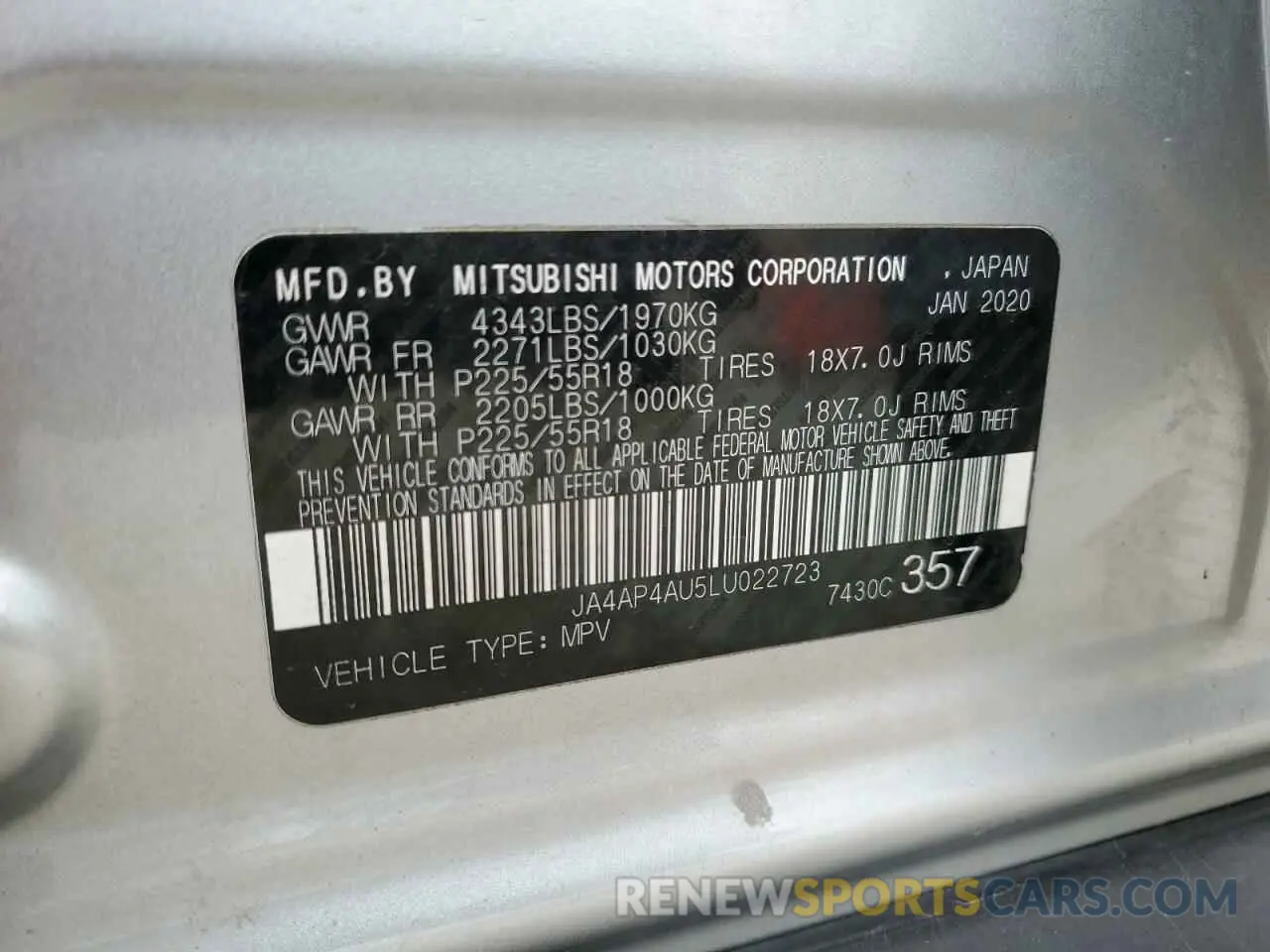 12 Photograph of a damaged car JA4AP4AU5LU022723 MITSUBISHI OUTLANDER 2020