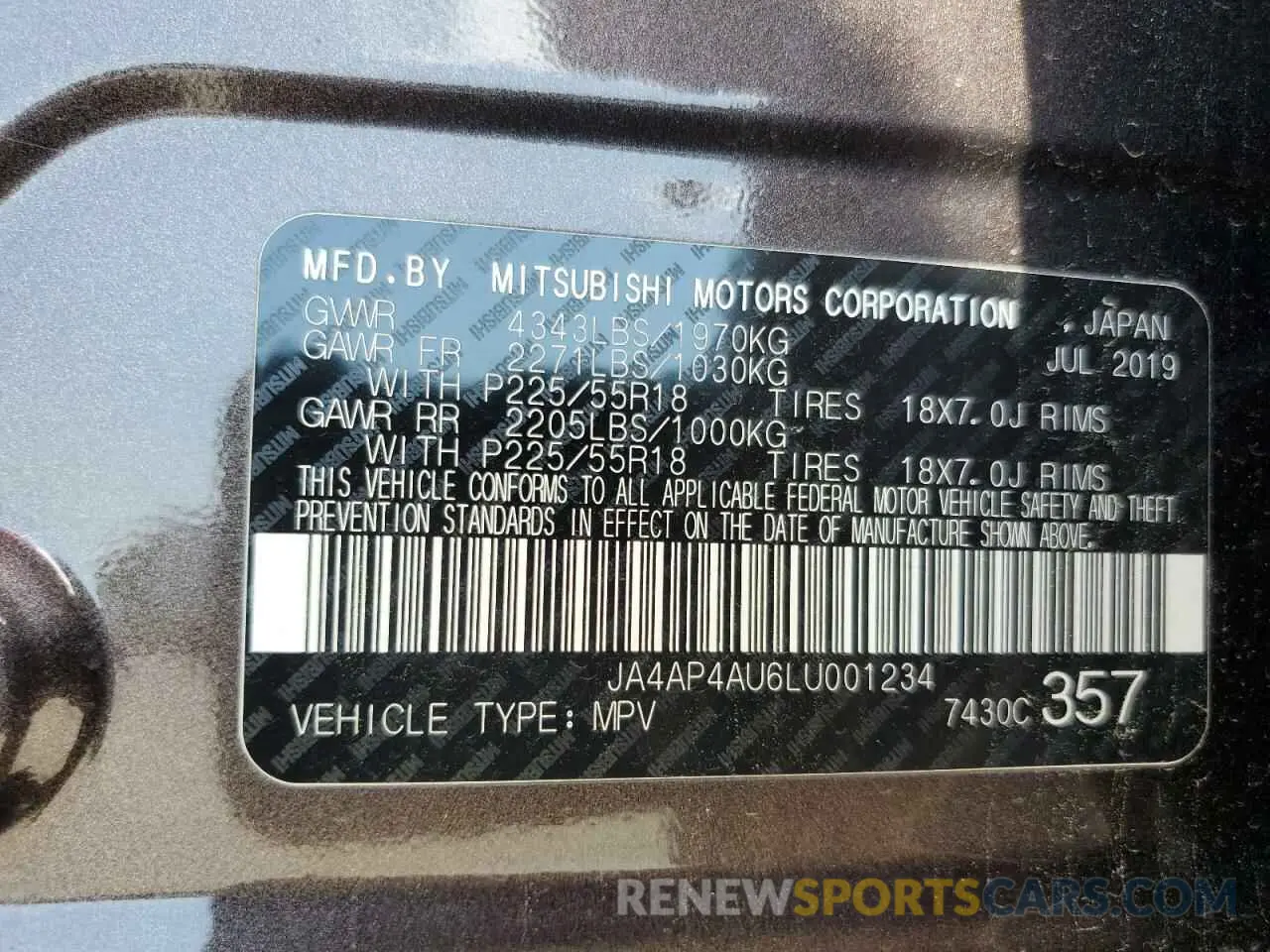 14 Photograph of a damaged car JA4AP4AU6LU001234 MITSUBISHI OUTLANDER 2020