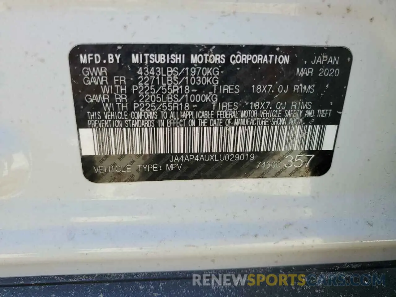 12 Photograph of a damaged car JA4AP4AUXLU029019 MITSUBISHI OUTLANDER 2020