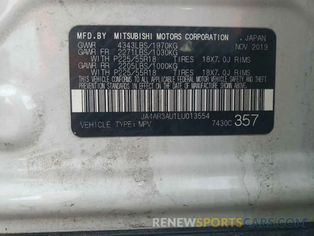13 Photograph of a damaged car JA4AR3AU1LU013554 MITSUBISHI OUTLANDER 2020