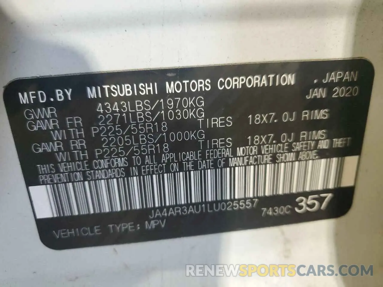 13 Photograph of a damaged car JA4AR3AU1LU025557 MITSUBISHI OUTLANDER 2020