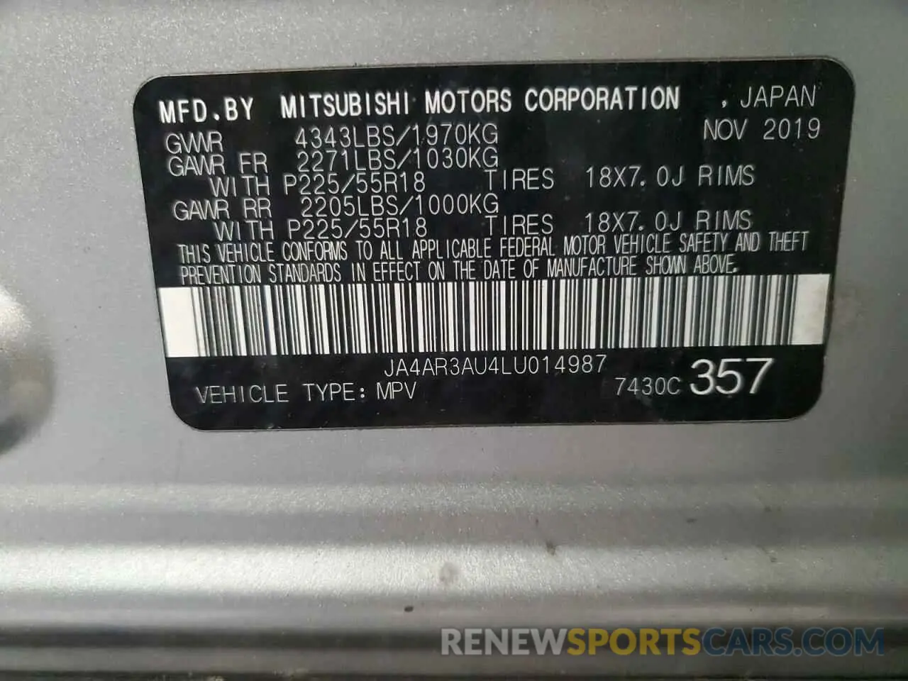 13 Photograph of a damaged car JA4AR3AU4LU014987 MITSUBISHI OUTLANDER 2020