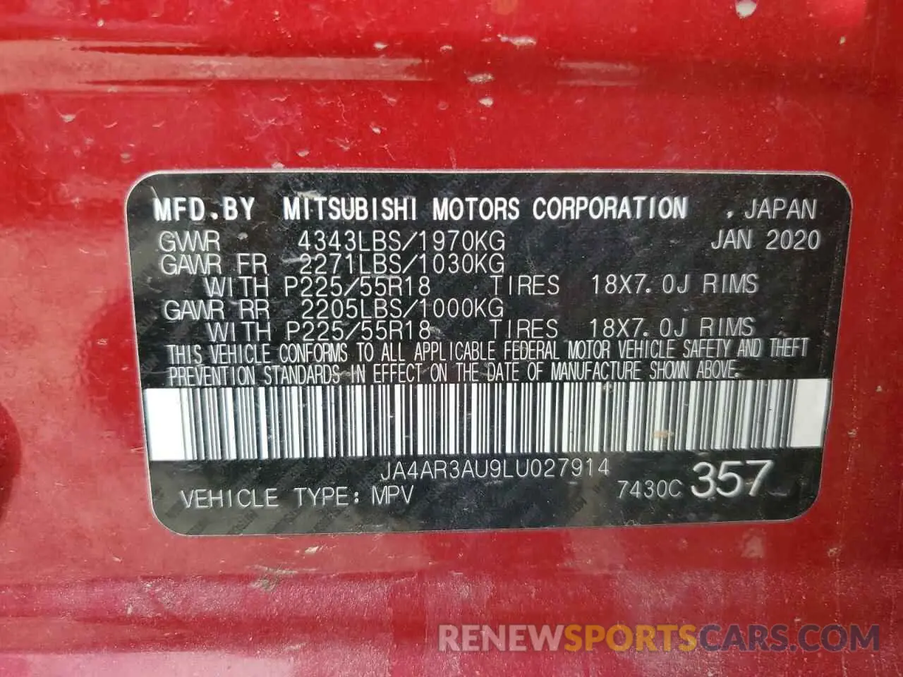 14 Photograph of a damaged car JA4AR3AU9LU027914 MITSUBISHI OUTLANDER 2020
