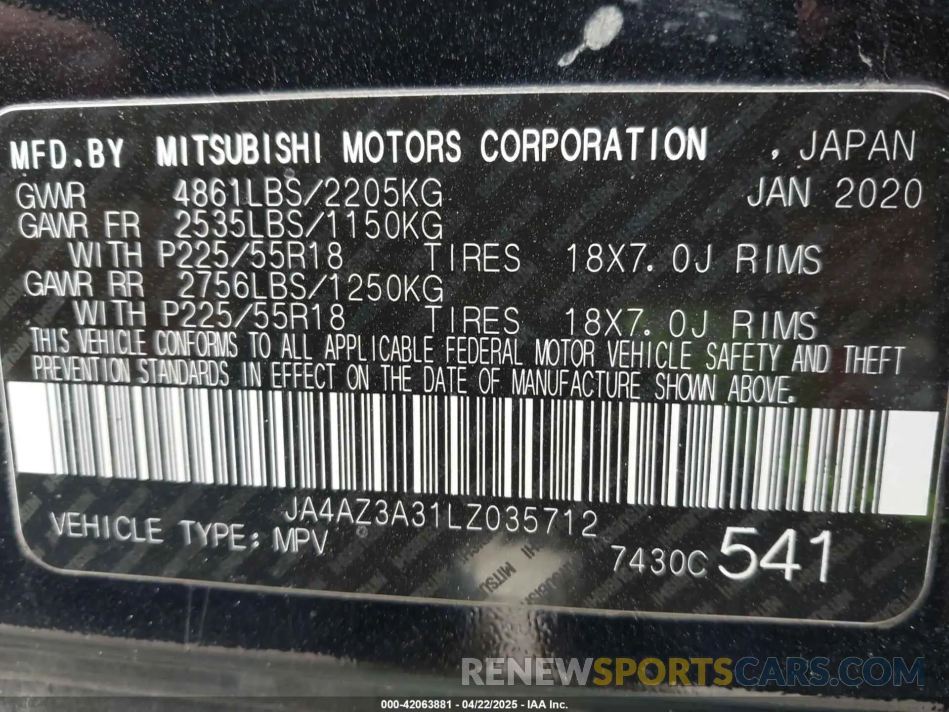 9 Photograph of a damaged car JA4AZ3A31LZ035712 MITSUBISHI OUTLANDER 2020