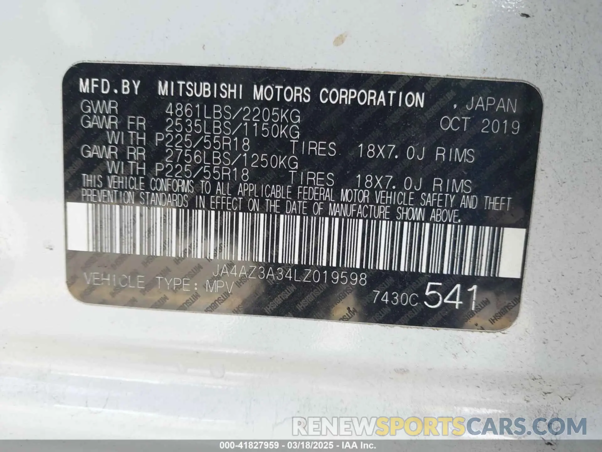 9 Photograph of a damaged car JA4AZ3A34LZ019598 MITSUBISHI OUTLANDER 2020