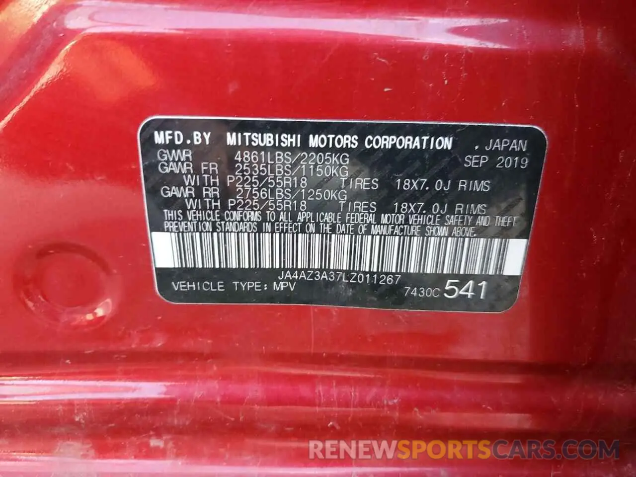 13 Photograph of a damaged car JA4AZ3A37LZ011267 MITSUBISHI OUTLANDER 2020