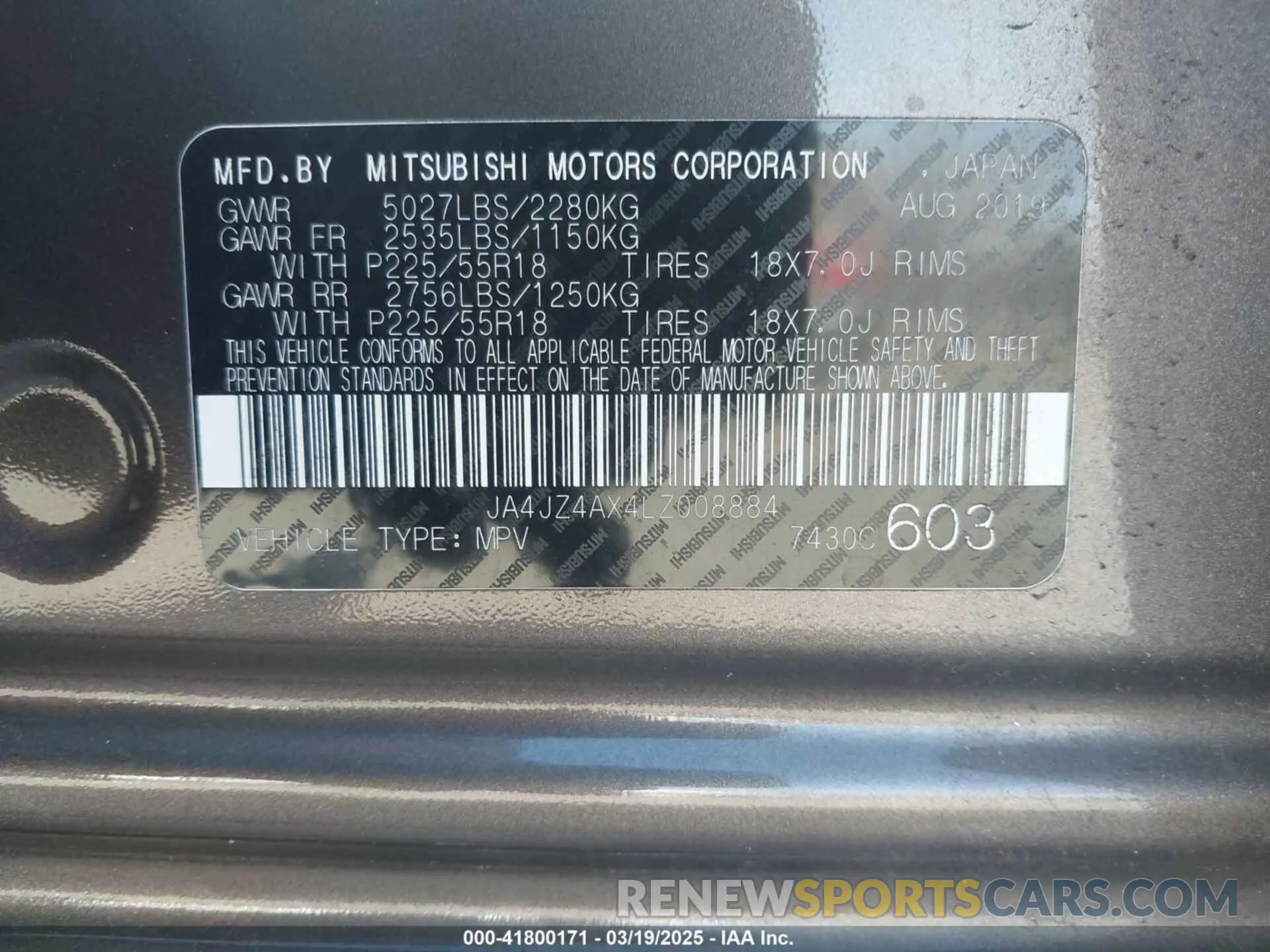 9 Photograph of a damaged car JA4JZ4AX4LZ008884 MITSUBISHI OUTLANDER 2020