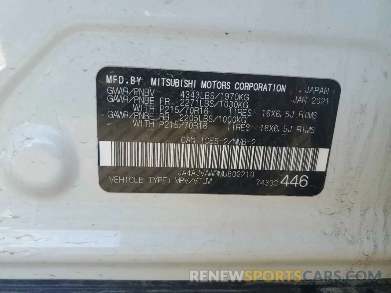14 Photograph of a damaged car JA4AJVAW3MU602210 MITSUBISHI OUTLANDER 2021