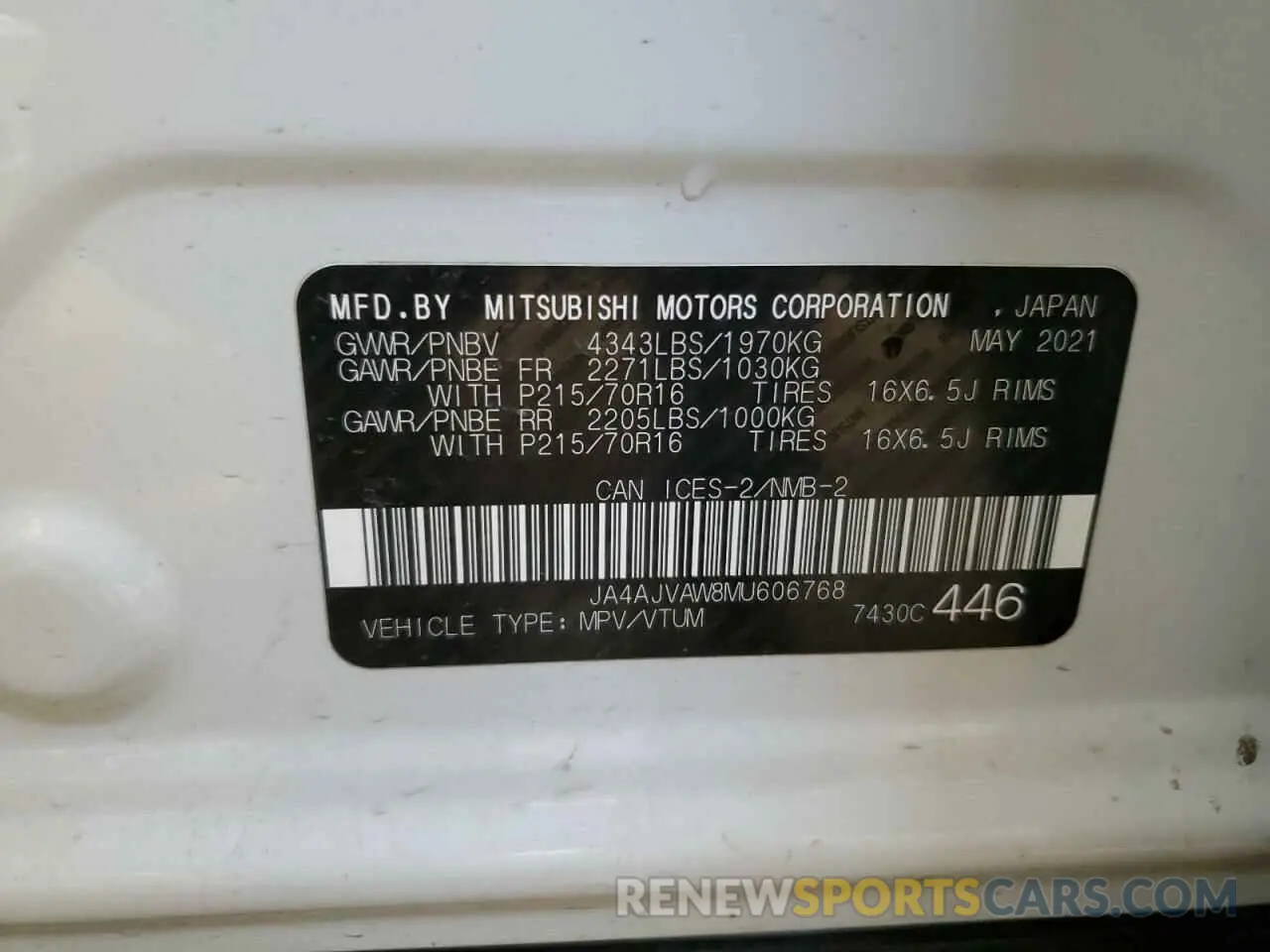 13 Photograph of a damaged car JA4AJVAW8MU606768 MITSUBISHI OUTLANDER 2021