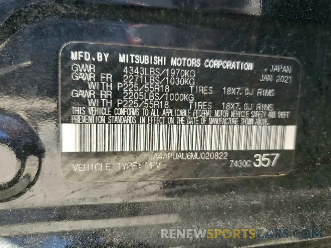 13 Photograph of a damaged car JA4APUAU6MU020822 MITSUBISHI OUTLANDER 2021