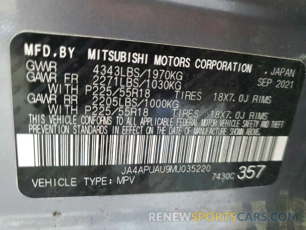13 Photograph of a damaged car JA4APUAU9MU035220 MITSUBISHI OUTLANDER 2021