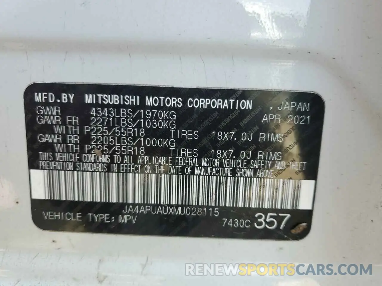 14 Photograph of a damaged car JA4APUAUXMU028115 MITSUBISHI OUTLANDER 2021