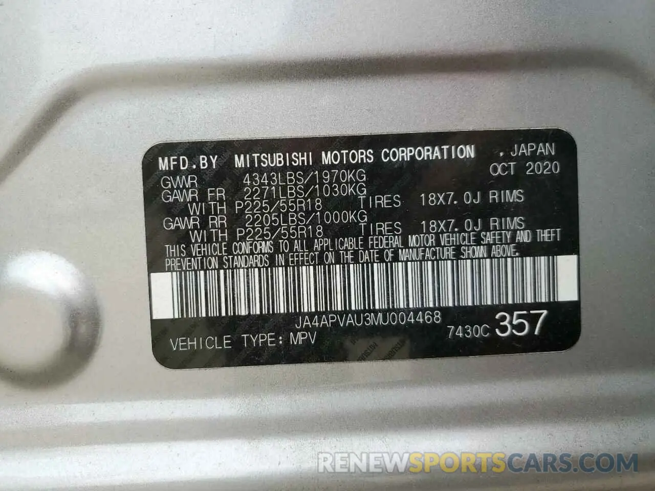 13 Photograph of a damaged car JA4APVAU3MU004468 MITSUBISHI OUTLANDER 2021