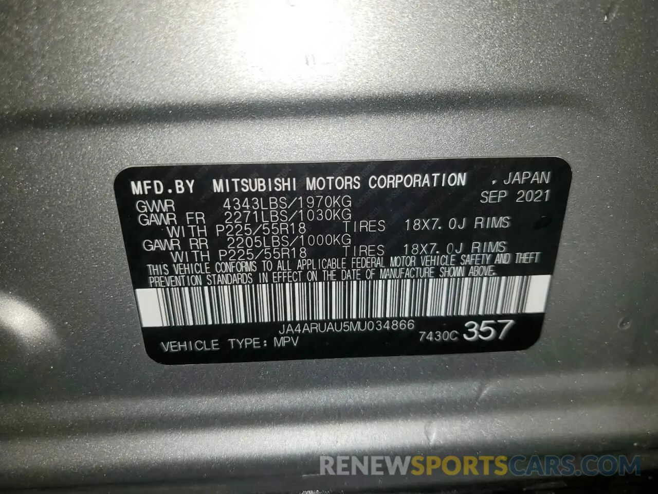 14 Photograph of a damaged car JA4ARUAU5MU034866 MITSUBISHI OUTLANDER 2021
