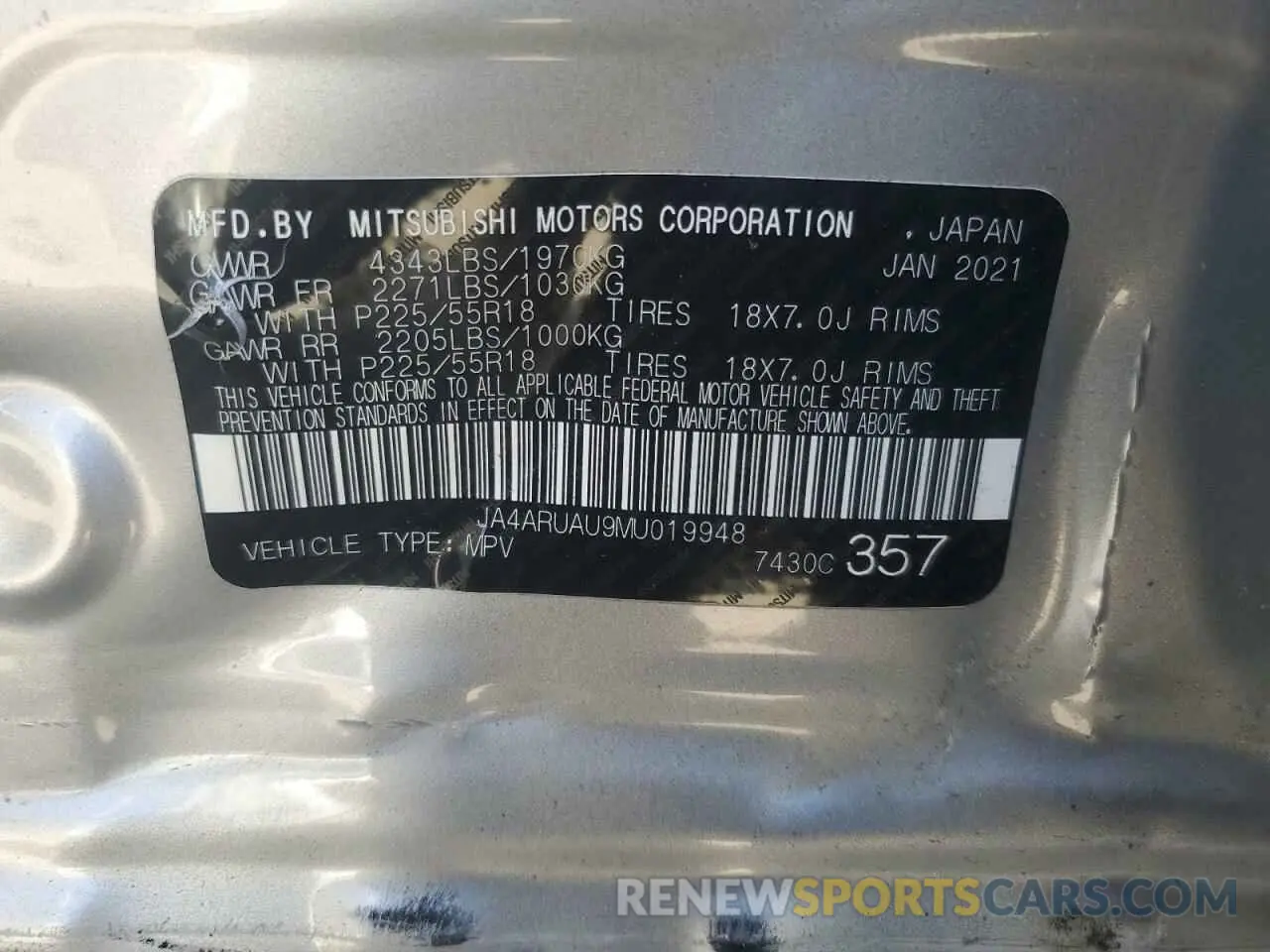 13 Photograph of a damaged car JA4ARUAU9MU019948 MITSUBISHI OUTLANDER 2021