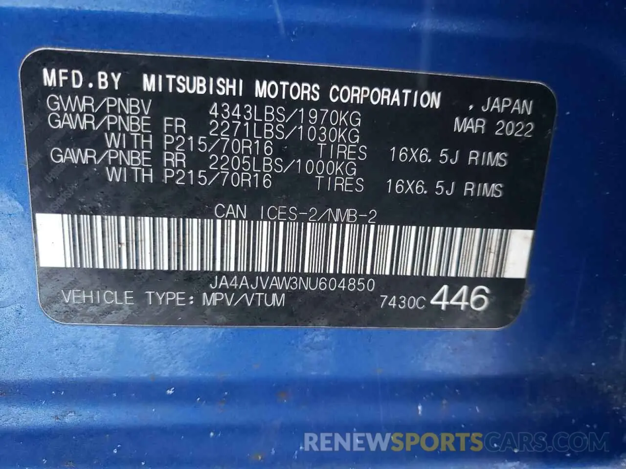 12 Photograph of a damaged car JA4AJVAW3NU604850 MITSUBISHI OUTLANDER 2022