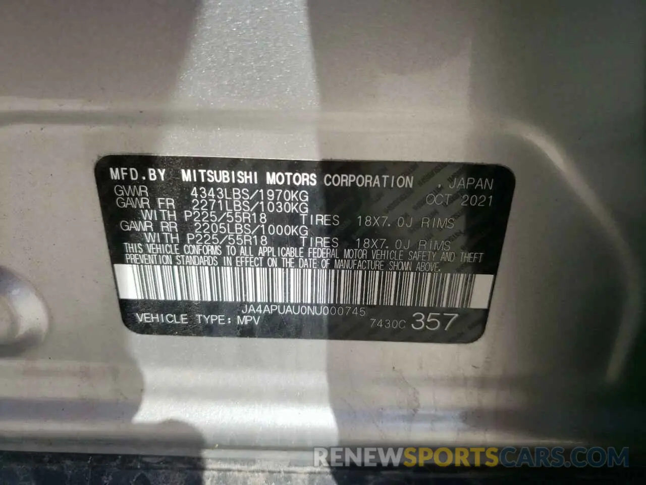 14 Photograph of a damaged car JA4APUAU0NU000745 MITSUBISHI OUTLANDER 2022
