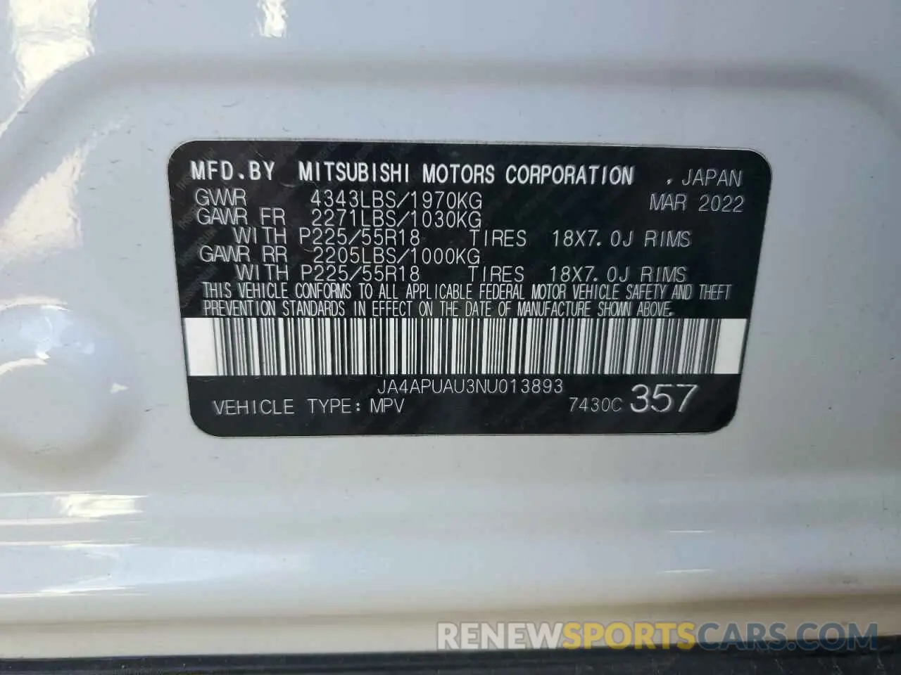 12 Photograph of a damaged car JA4APUAU3NU013893 MITSUBISHI OUTLANDER 2022