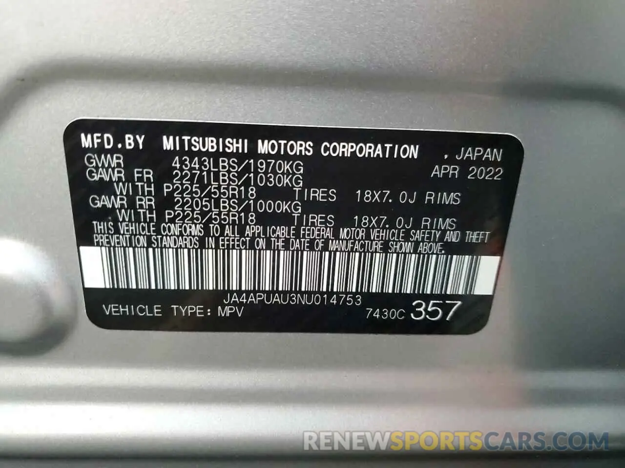 14 Photograph of a damaged car JA4APUAU3NU014753 MITSUBISHI OUTLANDER 2022