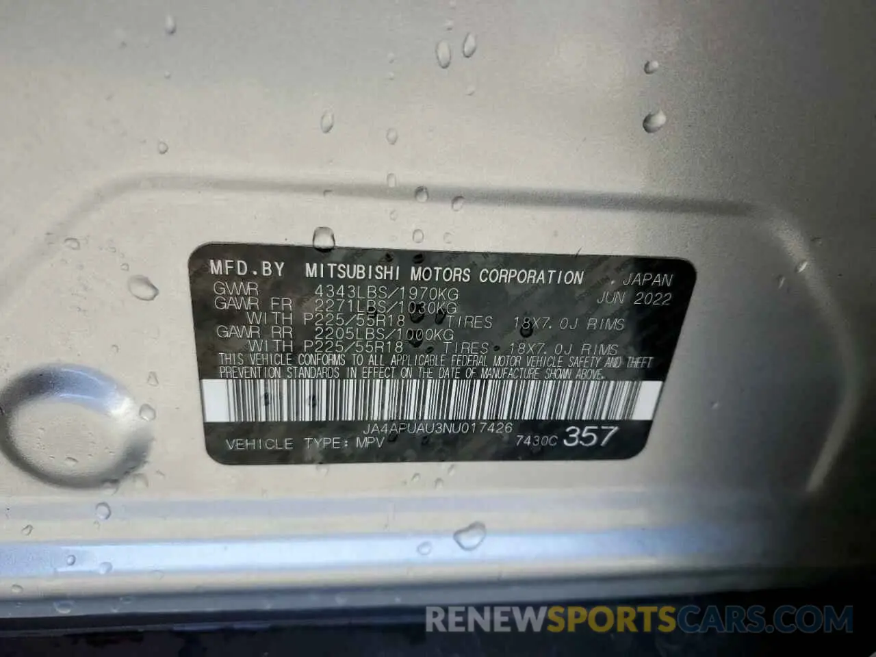 13 Photograph of a damaged car JA4APUAU3NU017426 MITSUBISHI OUTLANDER 2022