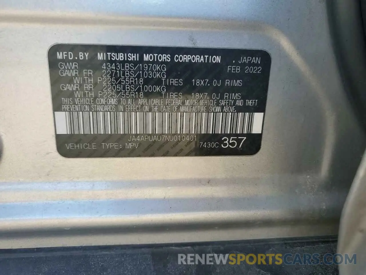 13 Photograph of a damaged car JA4APUAU7NU010401 MITSUBISHI OUTLANDER 2022