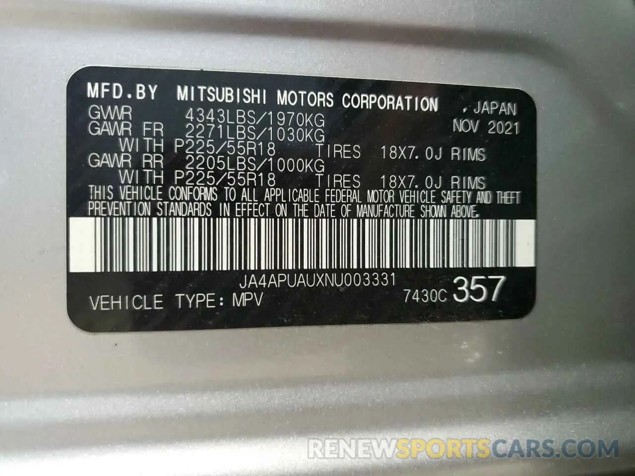 13 Photograph of a damaged car JA4APUAUXNU003331 MITSUBISHI OUTLANDER 2022