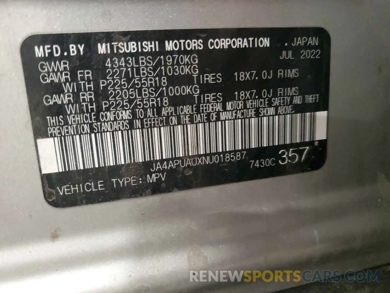 13 Photograph of a damaged car JA4APUAUXNU018587 MITSUBISHI OUTLANDER 2022