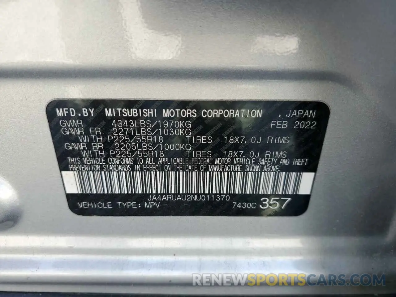 14 Photograph of a damaged car JA4ARUAU2NU011370 MITSUBISHI OUTLANDER 2022