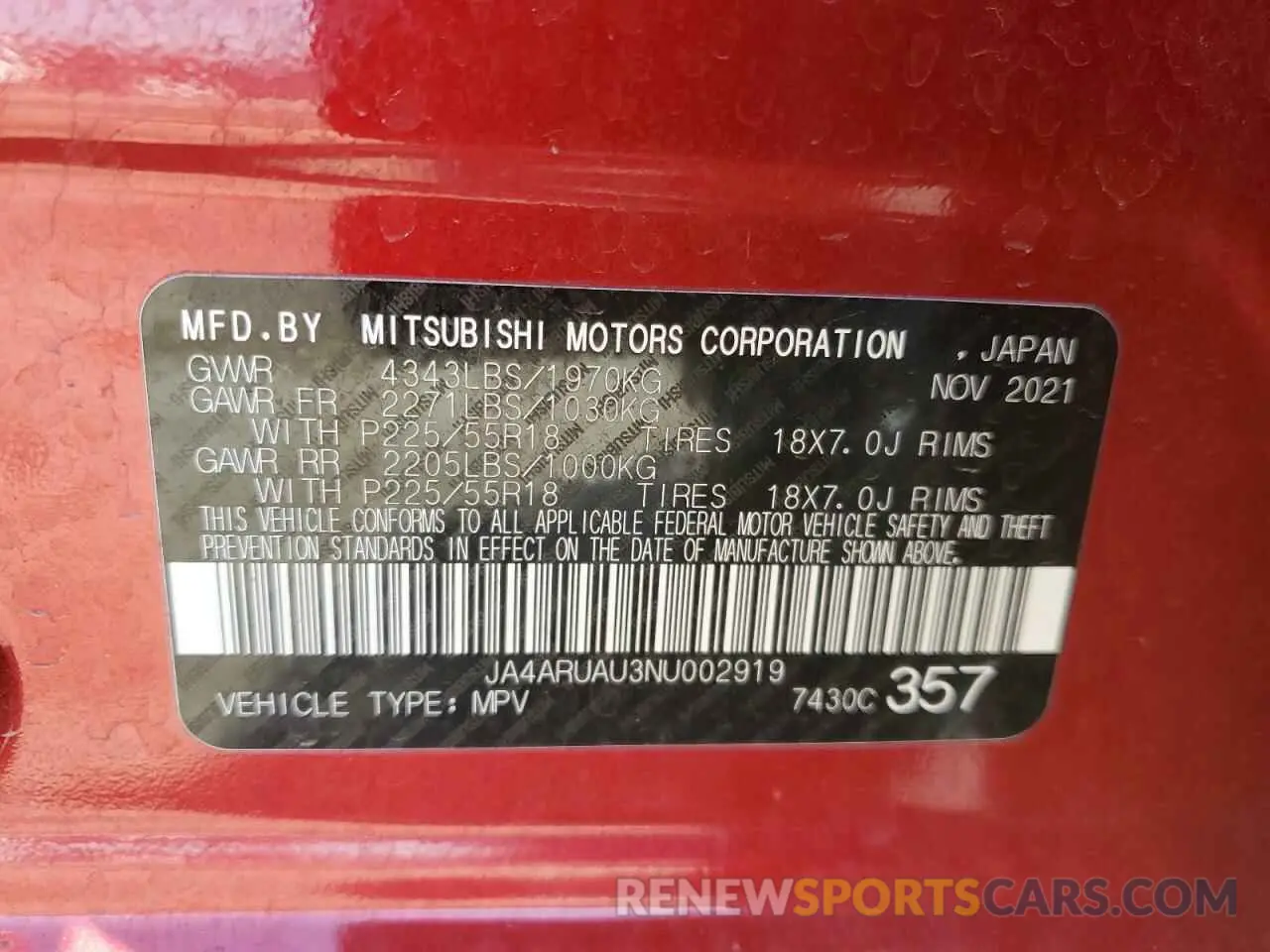 13 Photograph of a damaged car JA4ARUAU3NU002919 MITSUBISHI OUTLANDER 2022