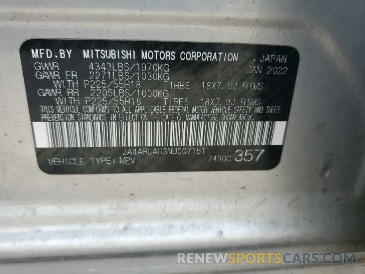 13 Photograph of a damaged car JA4ARUAU3NU007151 MITSUBISHI OUTLANDER 2022