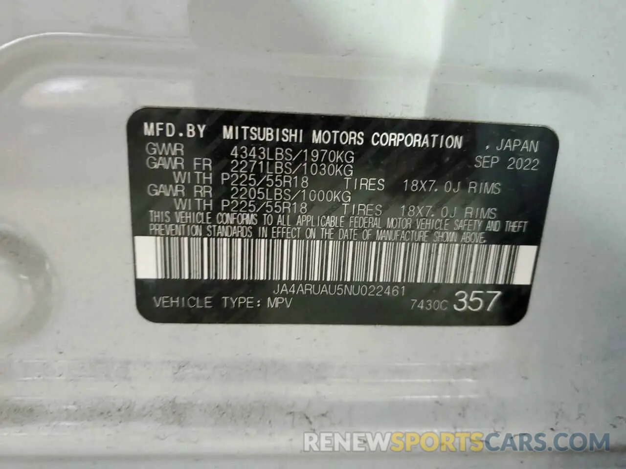 13 Photograph of a damaged car JA4ARUAU5NU022461 MITSUBISHI OUTLANDER 2022