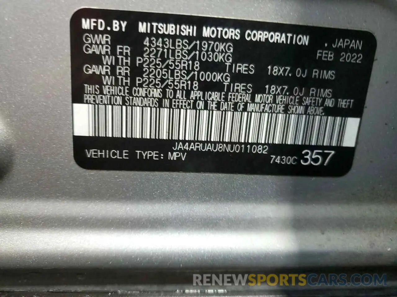 13 Photograph of a damaged car JA4ARUAU8NU011082 MITSUBISHI OUTLANDER 2022