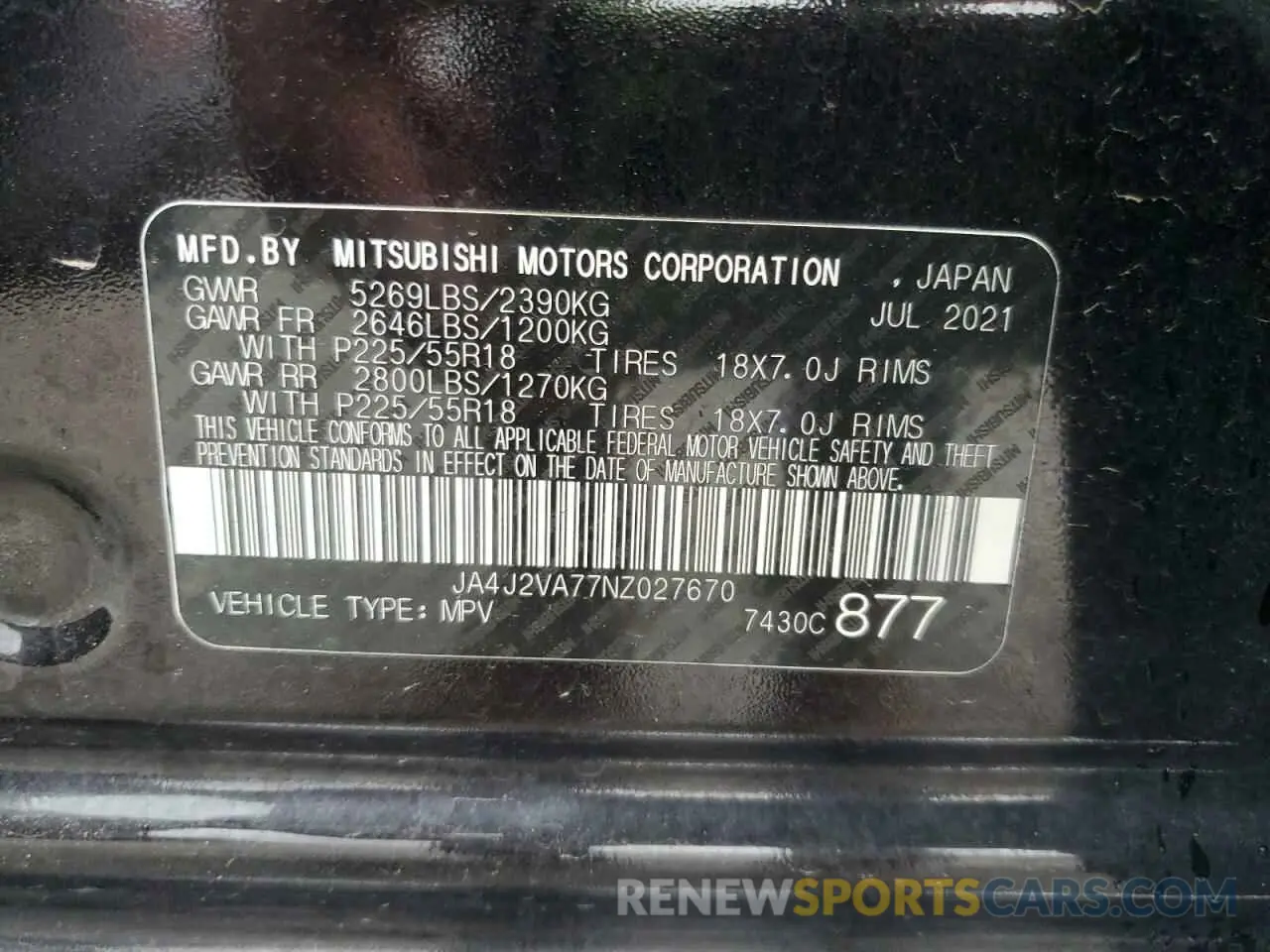 13 Photograph of a damaged car JA4J2VA77NZ027670 MITSUBISHI OUTLANDER 2022