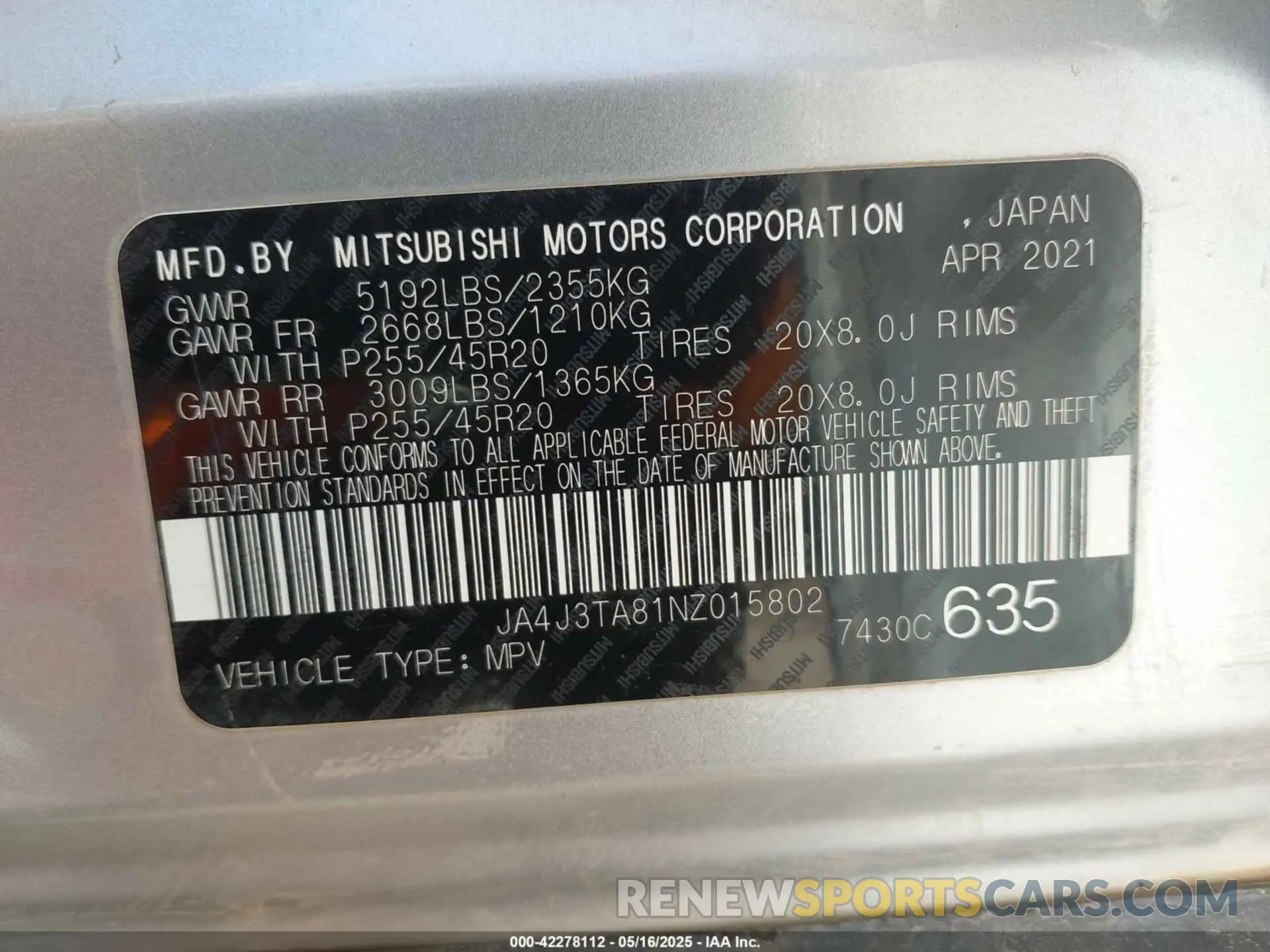 9 Photograph of a damaged car JA4J3TA81NZ015802 MITSUBISHI OUTLANDER 2022
