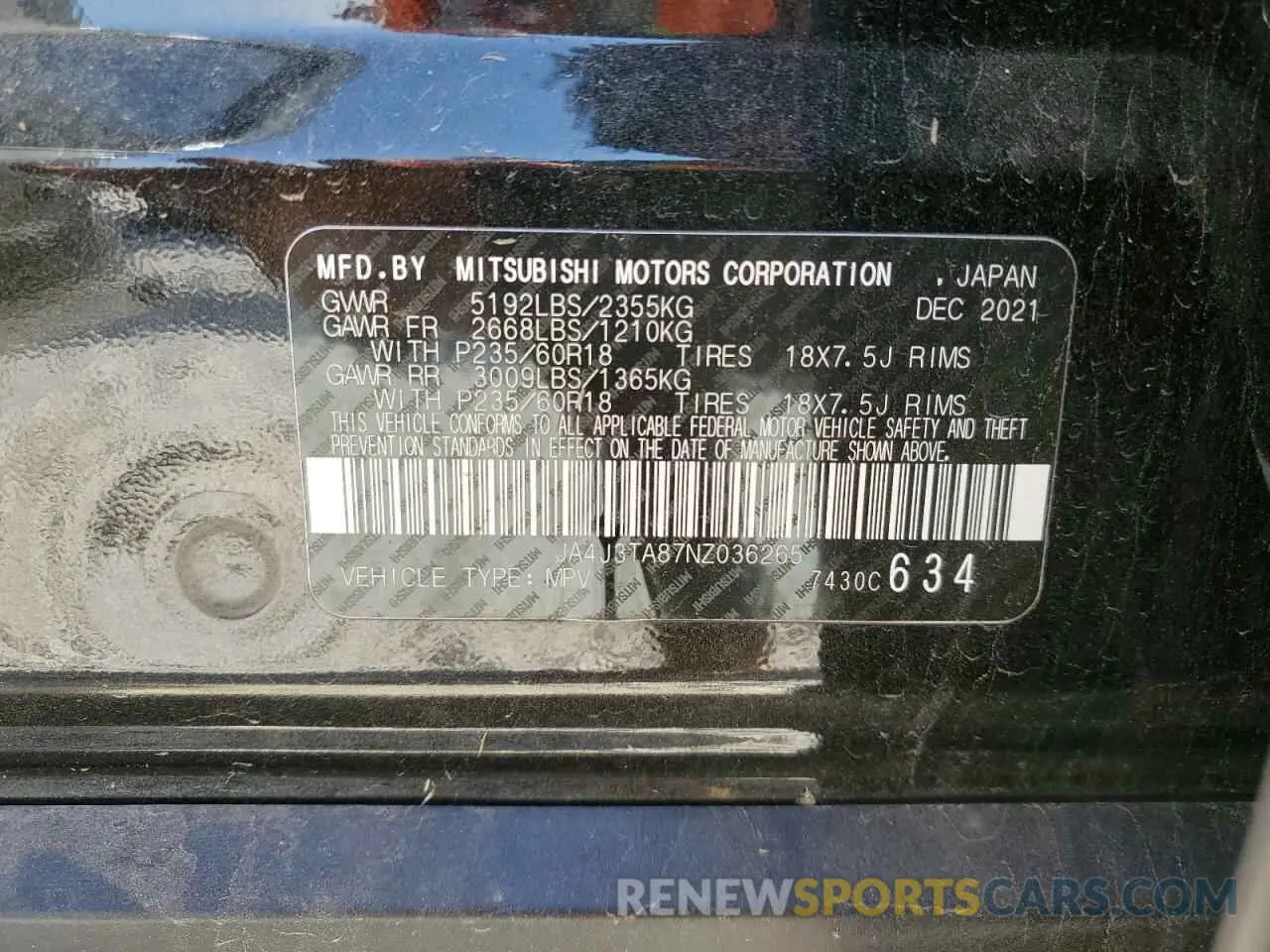 13 Photograph of a damaged car JA4J3TA87NZ036265 MITSUBISHI OUTLANDER 2022