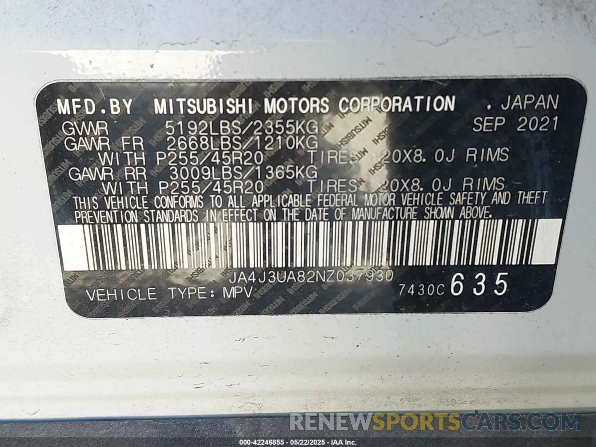 9 Photograph of a damaged car JA4J3UA82NZ037930 MITSUBISHI OUTLANDER 2022