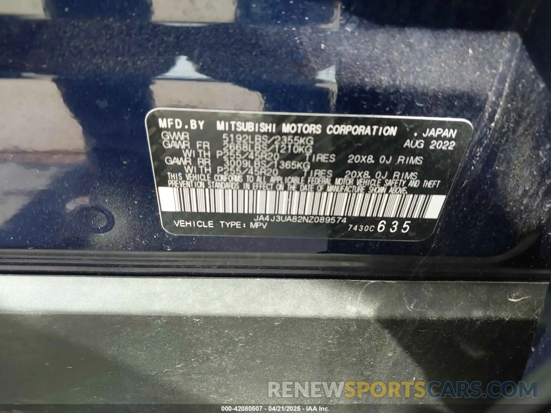 9 Photograph of a damaged car JA4J3UA82NZ089574 MITSUBISHI OUTLANDER 2022