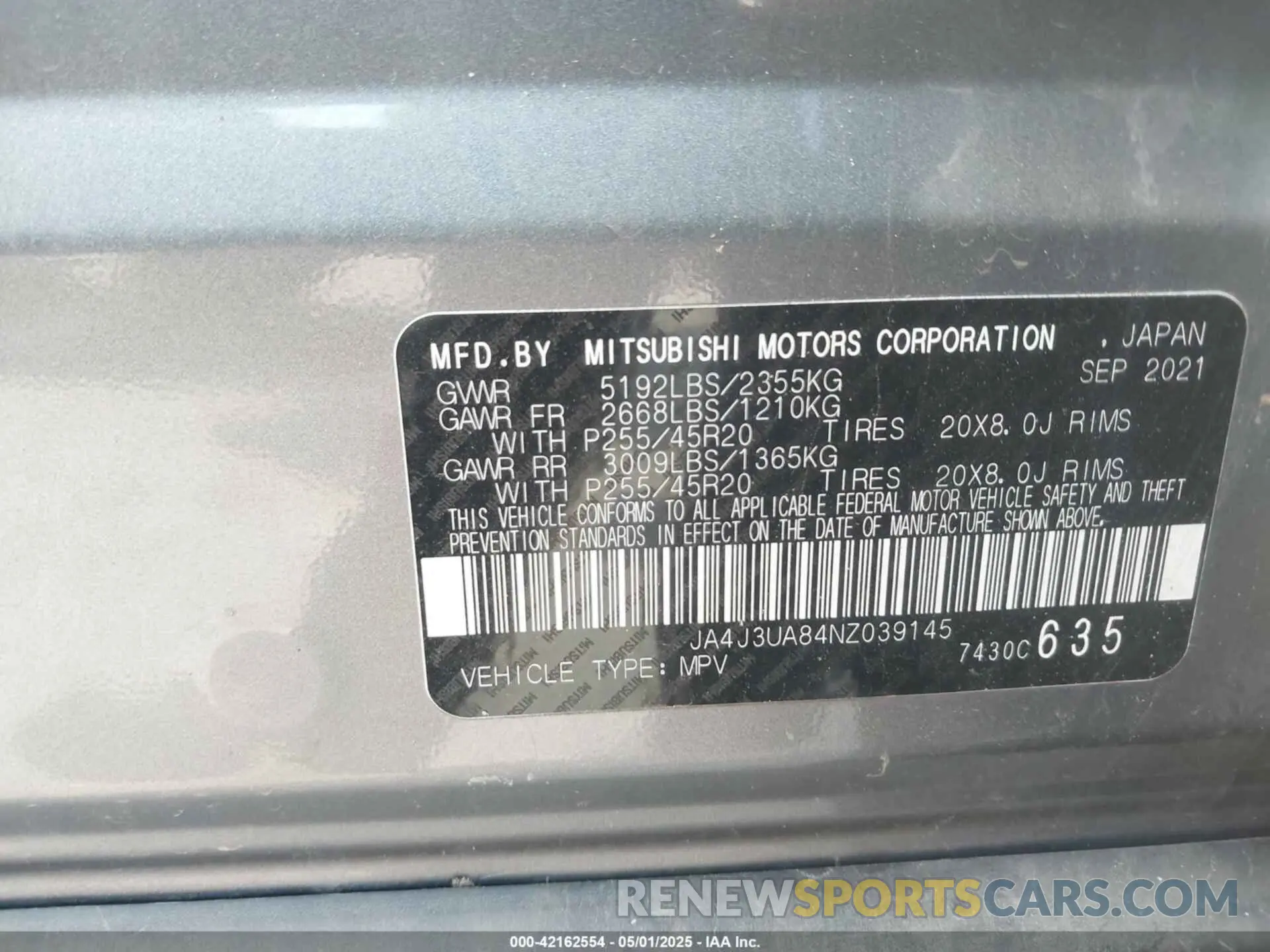 9 Photograph of a damaged car JA4J3UA84NZ039145 MITSUBISHI OUTLANDER 2022