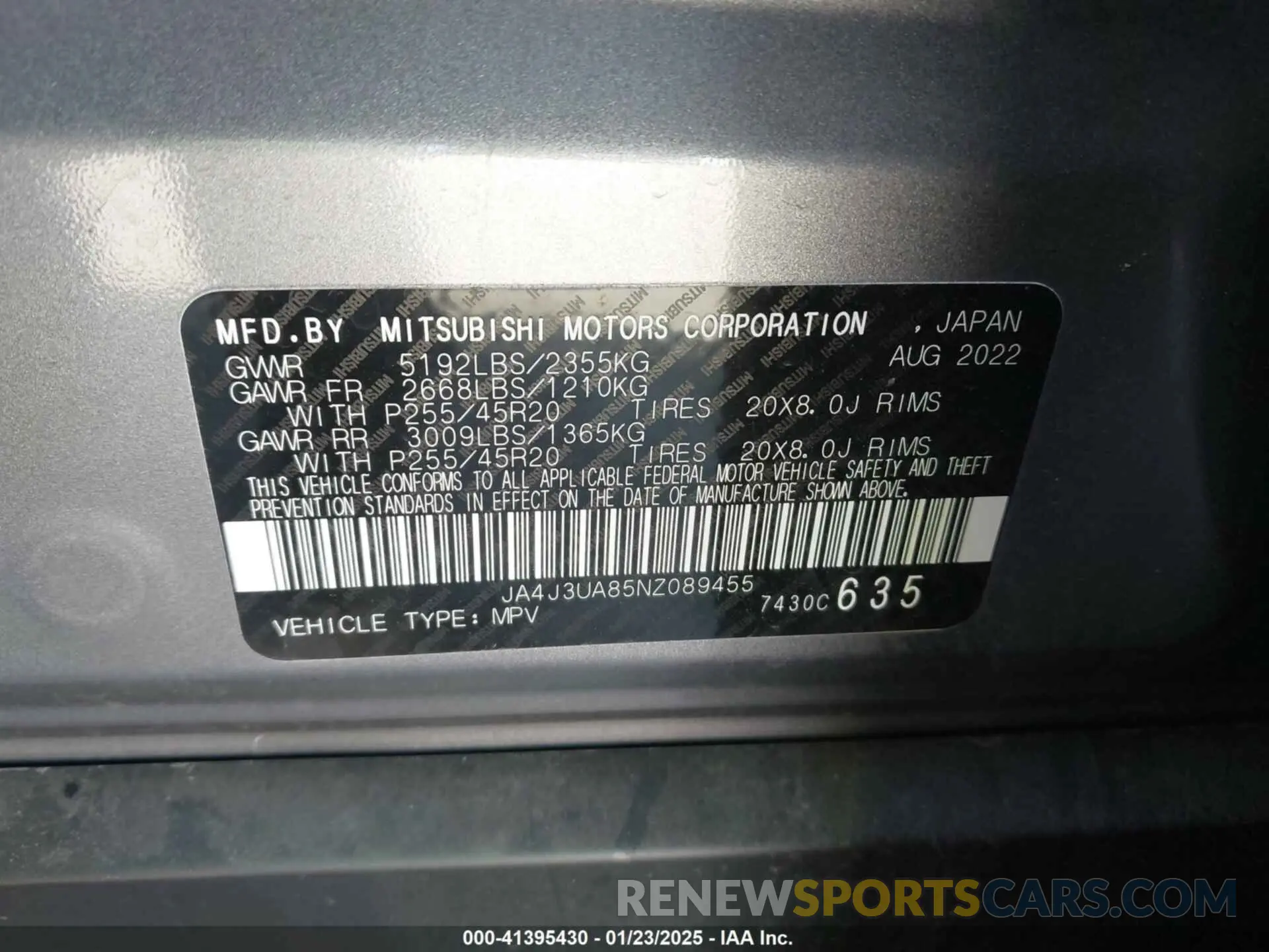 9 Photograph of a damaged car JA4J3UA85NZ089455 MITSUBISHI OUTLANDER 2022