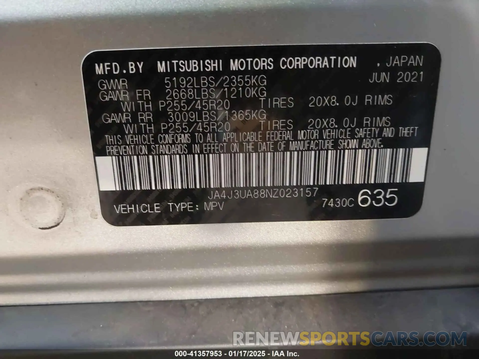 9 Photograph of a damaged car JA4J3UA88NZ023157 MITSUBISHI OUTLANDER 2022