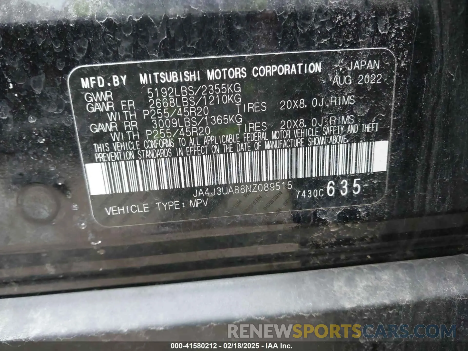 9 Photograph of a damaged car JA4J3UA88NZ089515 MITSUBISHI OUTLANDER 2022