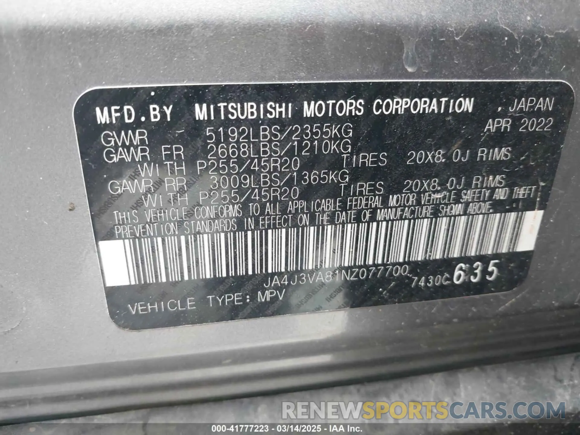 9 Photograph of a damaged car JA4J3VA81NZ077700 MITSUBISHI OUTLANDER 2022