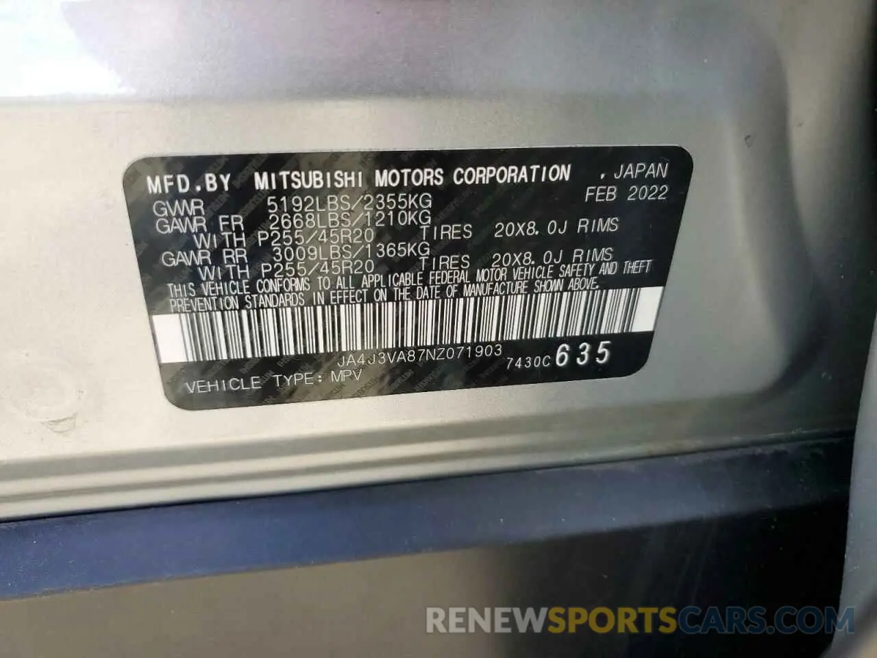 13 Photograph of a damaged car JA4J3VA87NZ071903 MITSUBISHI OUTLANDER 2022