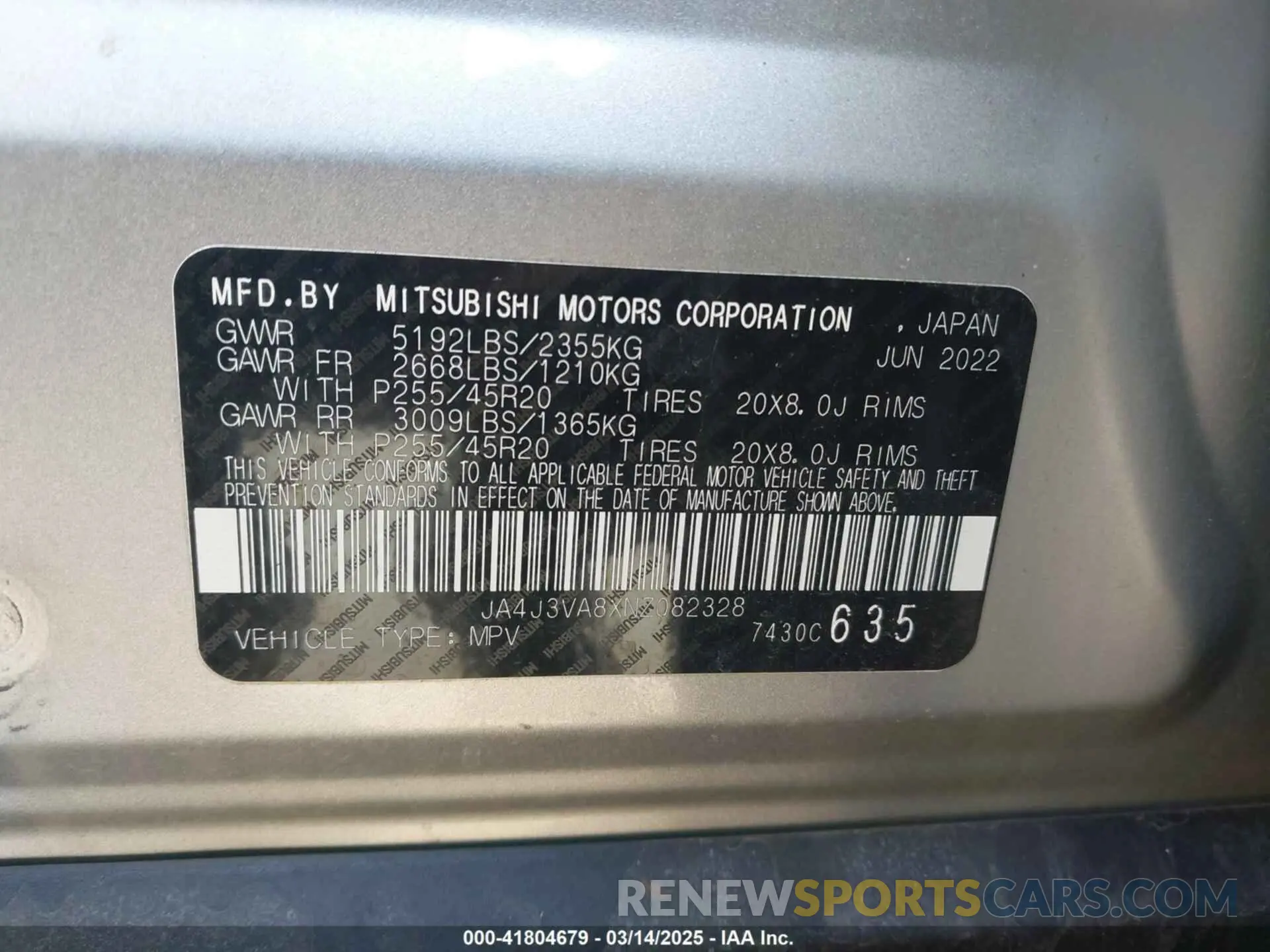 9 Photograph of a damaged car JA4J3VA8XNZ082328 MITSUBISHI OUTLANDER 2022