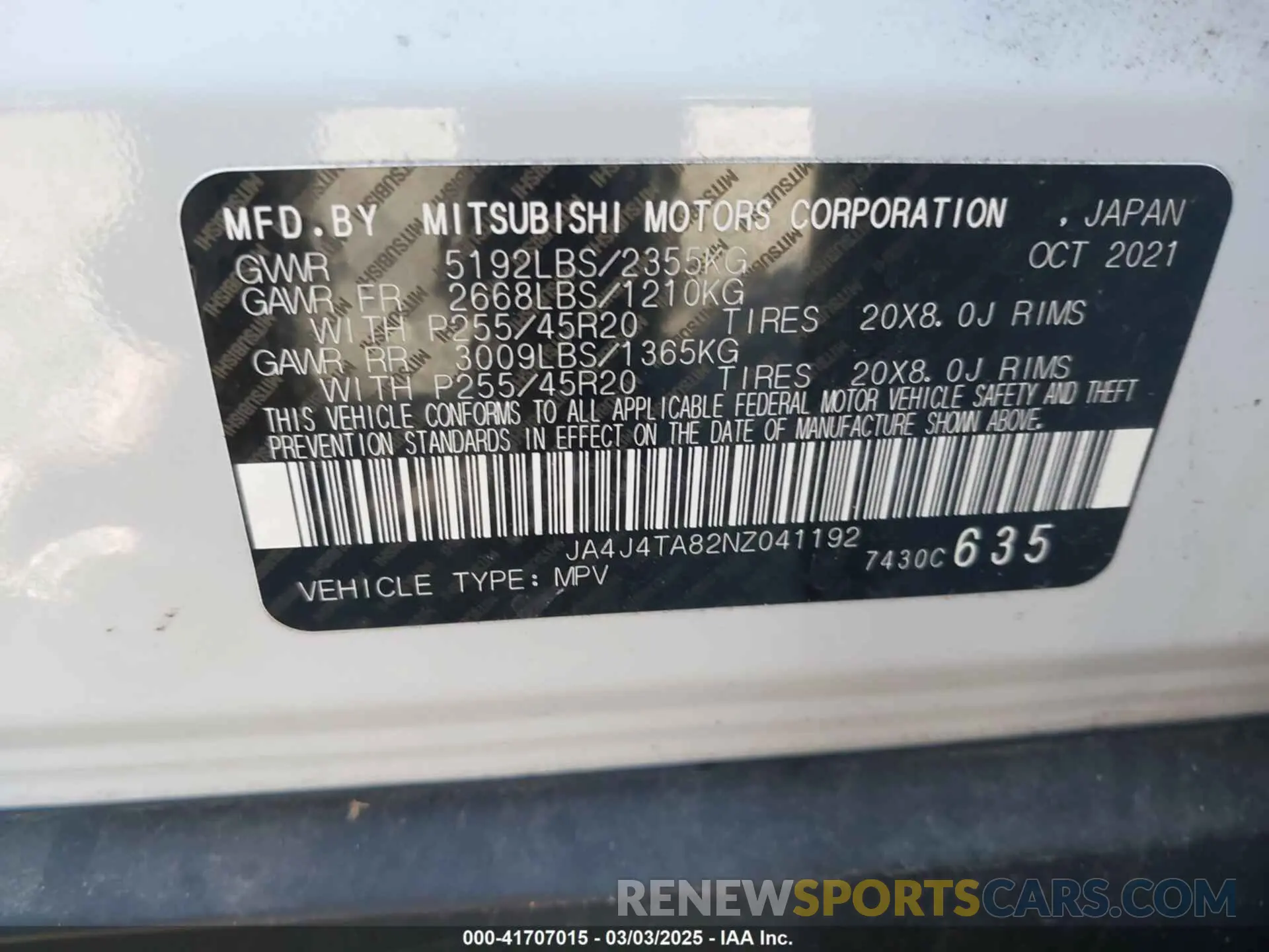 9 Photograph of a damaged car JA4J4TA82NZ041192 MITSUBISHI OUTLANDER 2022
