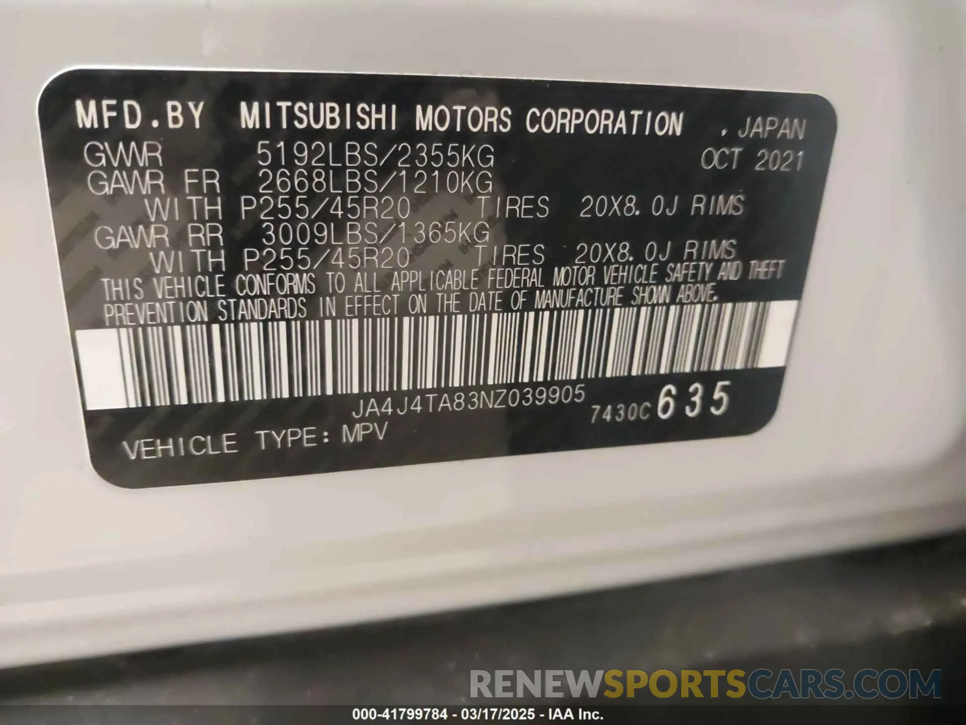 9 Photograph of a damaged car JA4J4TA83NZ039905 MITSUBISHI OUTLANDER 2022