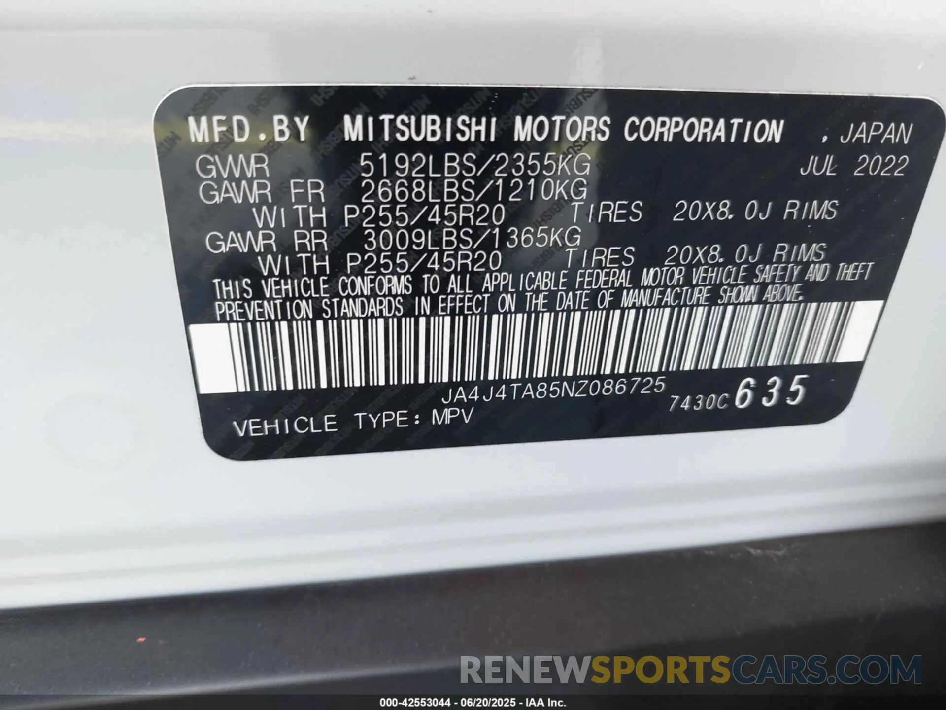 9 Photograph of a damaged car JA4J4TA85NZ086725 MITSUBISHI OUTLANDER 2022